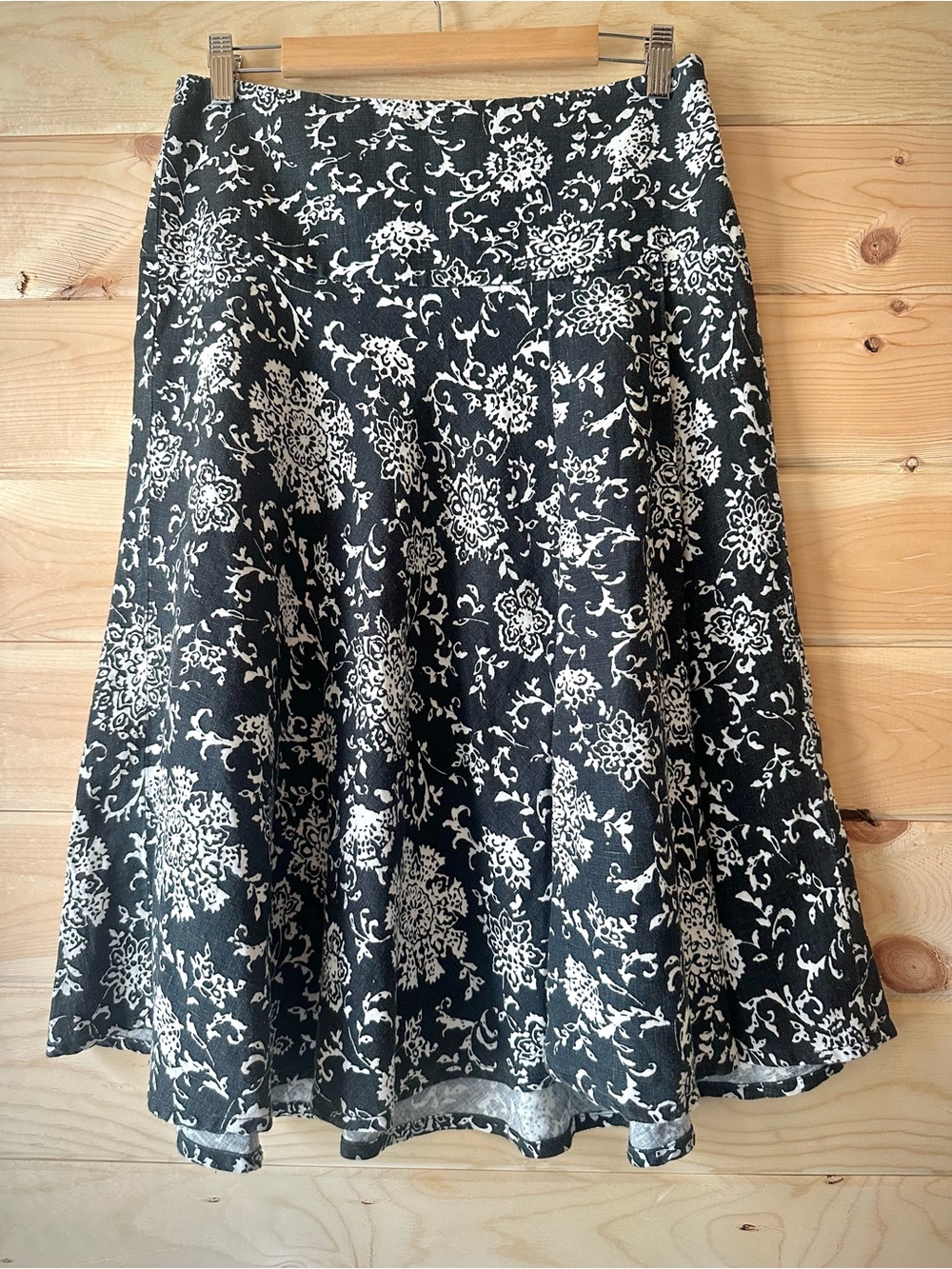 GAP 100% Linen Floral Midi Skirt Black White 4R Boho Cottagecore